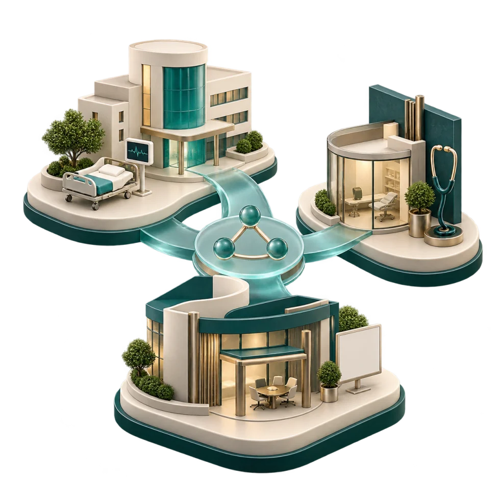 Illustration of three connected healthcare settings, linked by a central teal platform. Illustrative artwork, not client facilities.